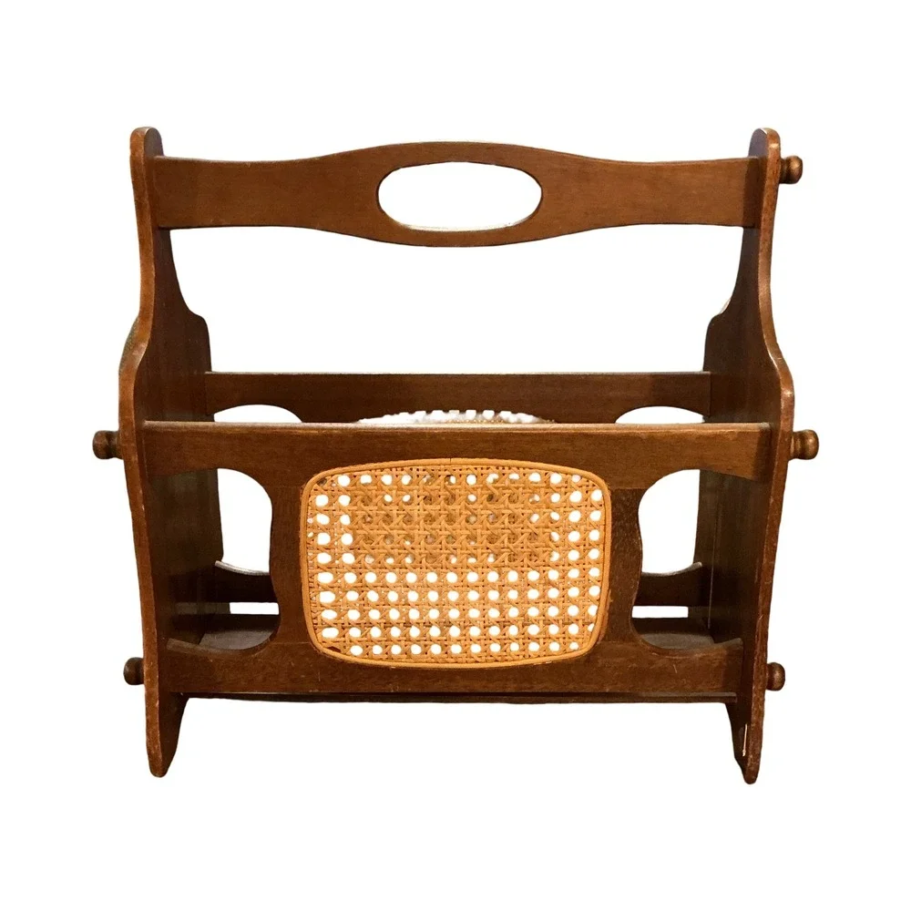 Vintage Wood Magazine Rack Mid Century Modern Cane Inset Floor Caddy Brown